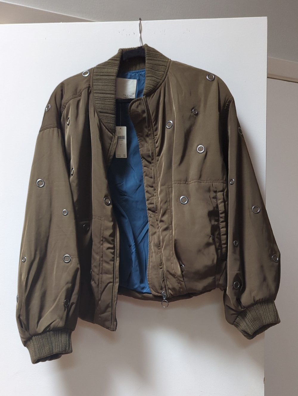 Pilcro Olive Bomber Jacket with Blue Lining